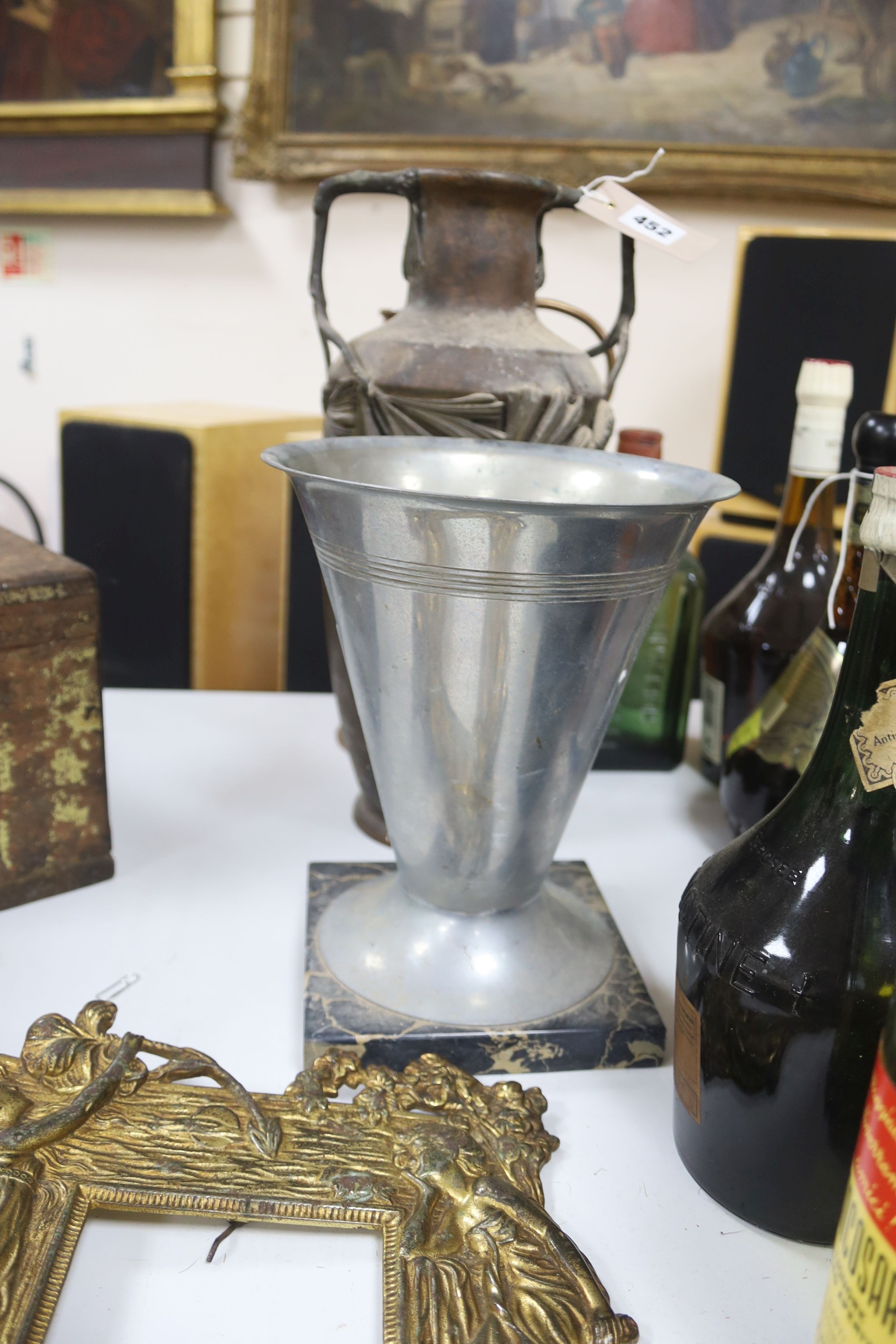 Mixed metalware including copper, an Art Nouveau style frame etc